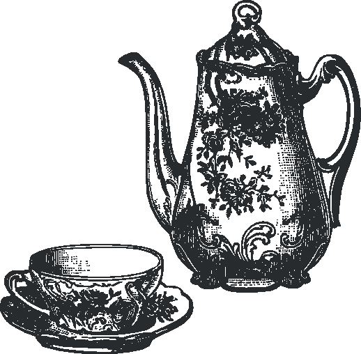 A vintage line-drawing of a steaming cup of coffee in an elegant china cup